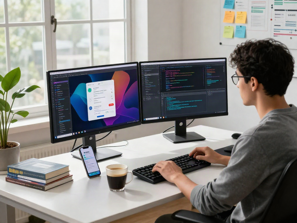 Engaging scene of a developer using spotify mod apk at a modern workspace with coding displays and tech gadgets.