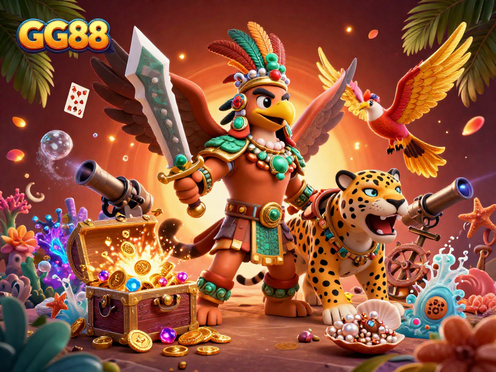 Experience the excitement at GG88 with a dynamic 3D casino illustration featuring Aztec warriors and treasure delights.