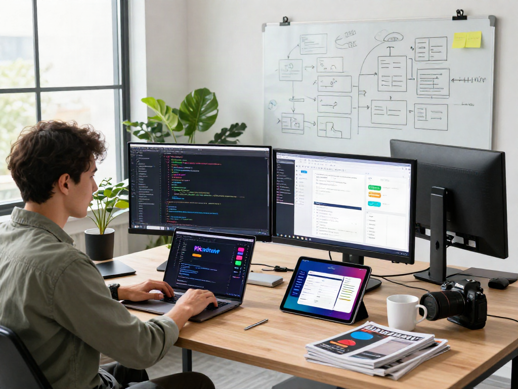 Pikashow apk download showcased in a vibrant mobile app development workspace with code on screen.