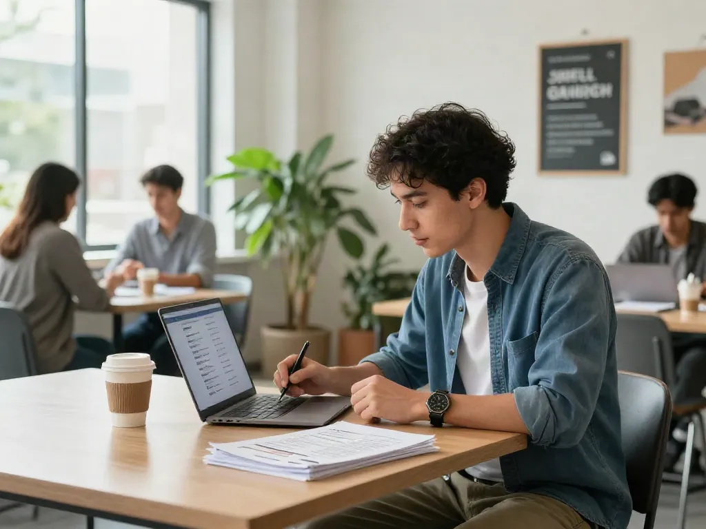 หางาน job seekers in a modern workspace reviewing resumes