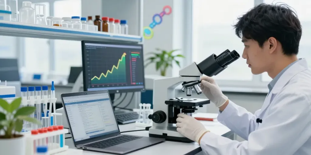 Researcher analyzing a peptide price list in a modern lab