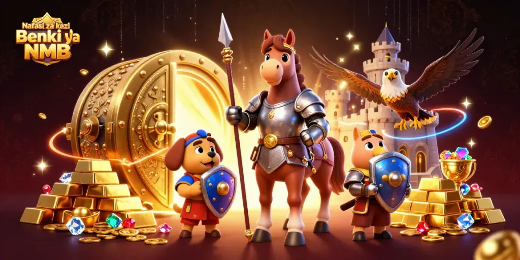 Nafasi za kazi Benki ya NMB showcases medieval knight and squire in full cinematic detail, surrounded by gold