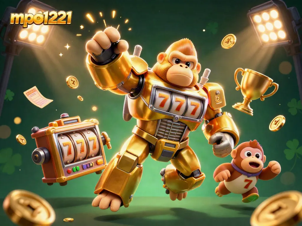 Play thrilling slots with mpo1221 featuring a golden gorilla mech amidst dynamic game elements.