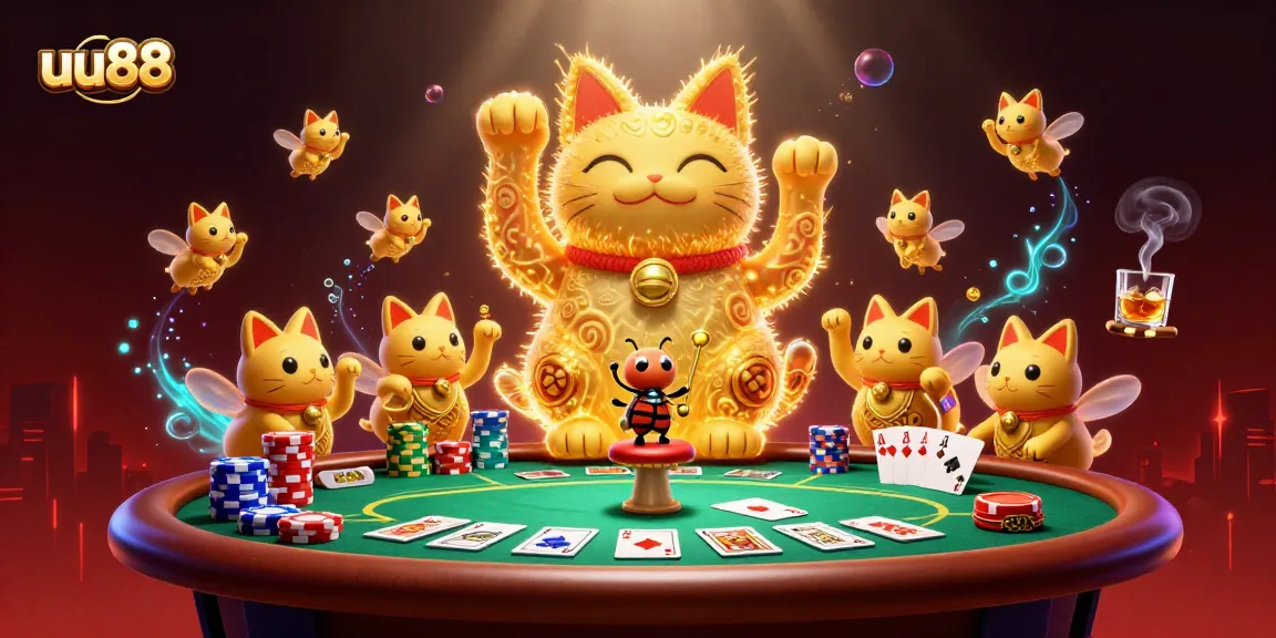 Experience the entertainment of uu88 with a vibrant casino scene featuring golden fireflies and poker elements.