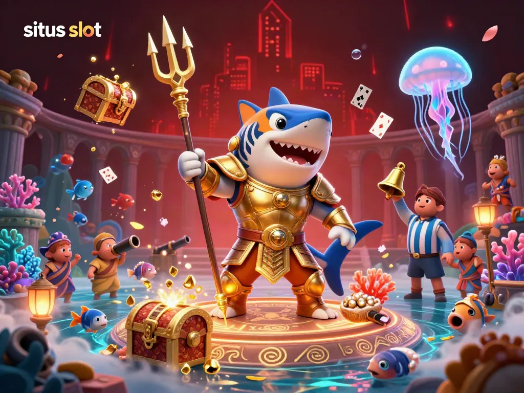 Experience thrilling situs slot adventures with a tiger shark gladiator underwater in a vibrant colosseum.