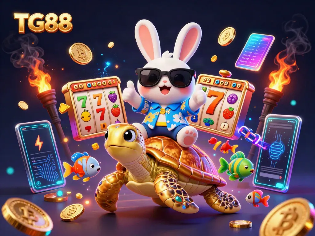 Spin slots and bet crypto with TG88's colorful 3D casino illustration featuring a lucky rabbit and sea turtle.