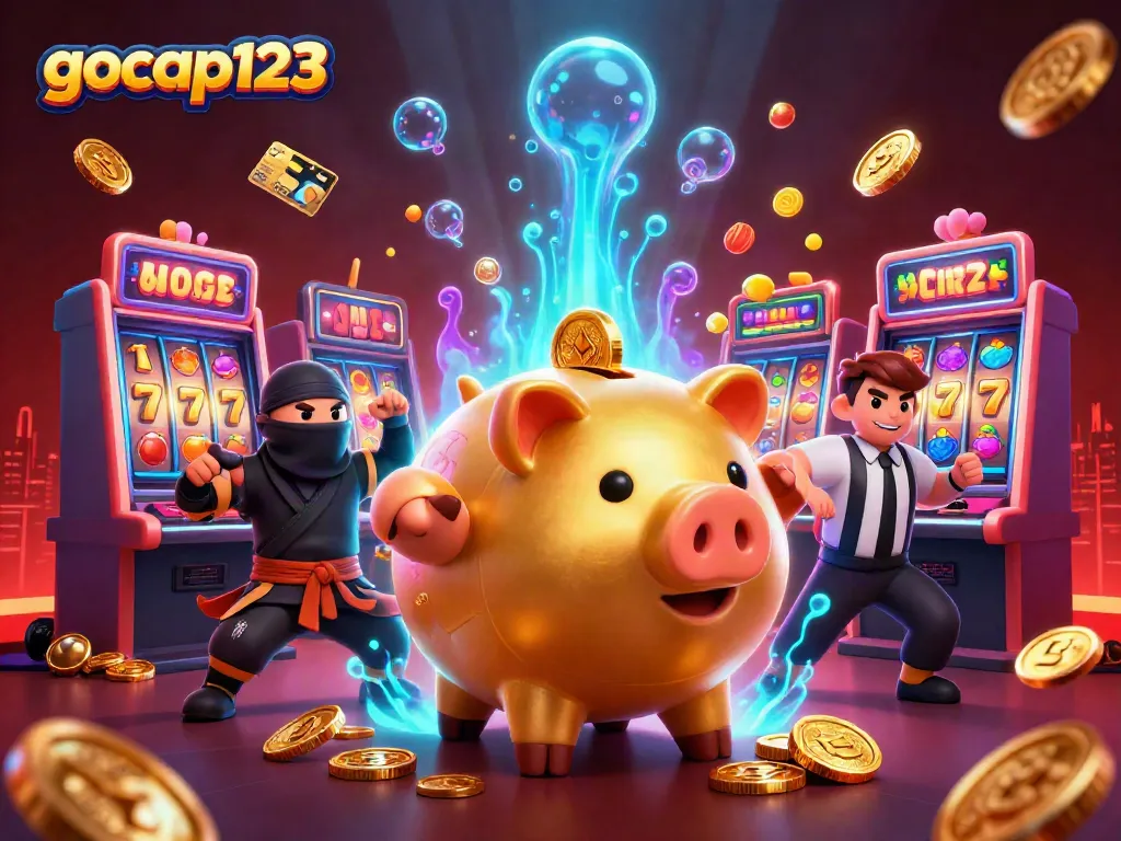 Gocap123 menampilkan permainan slot yang menarik dengan karakter sumo piggy bank dalam ilustrasi 3D