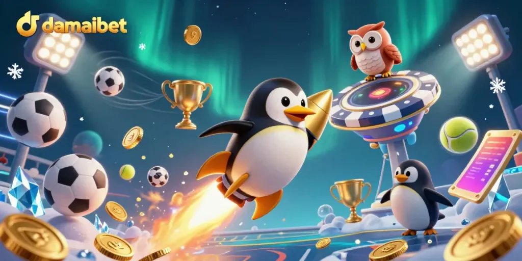Experience the excitement of damaibet with a golden penguin racing to a casino in space, surrounded by sports elements.
