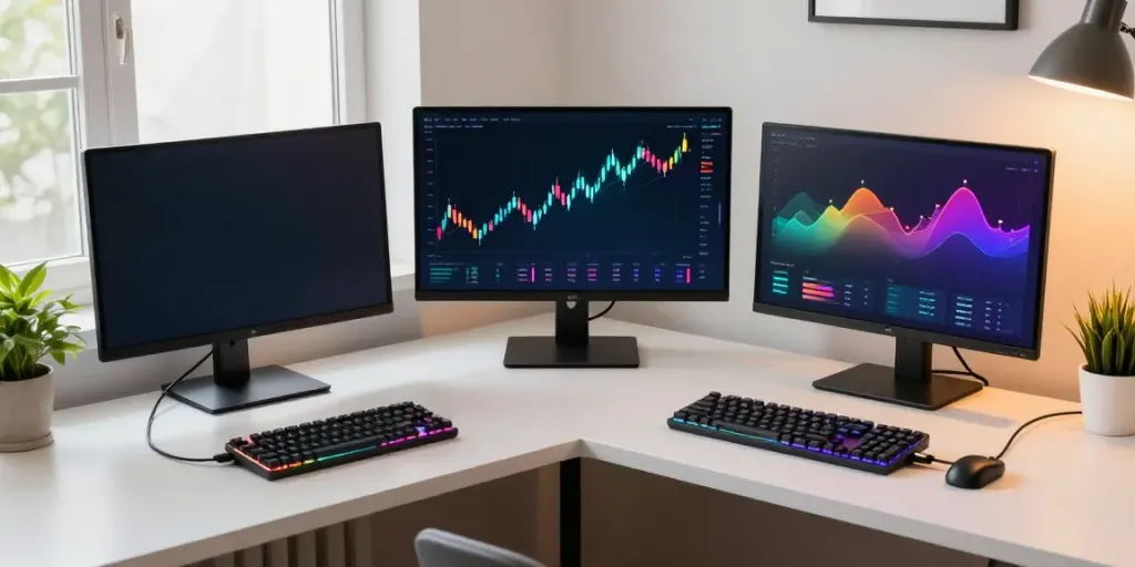 Token presale trading workspace with crypto charts and digital wallet interface.
