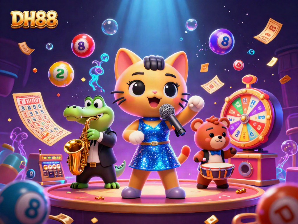 Experience the vibrant excitement of DH88 with animated characters celebrating winning moments in a lively casino scene.