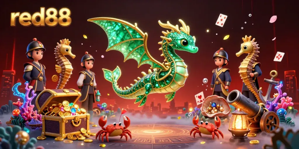 Experience the vibrant excitement of red88 with this captivating 3D illustration featuring a glowing sea dragon and treasure elements.