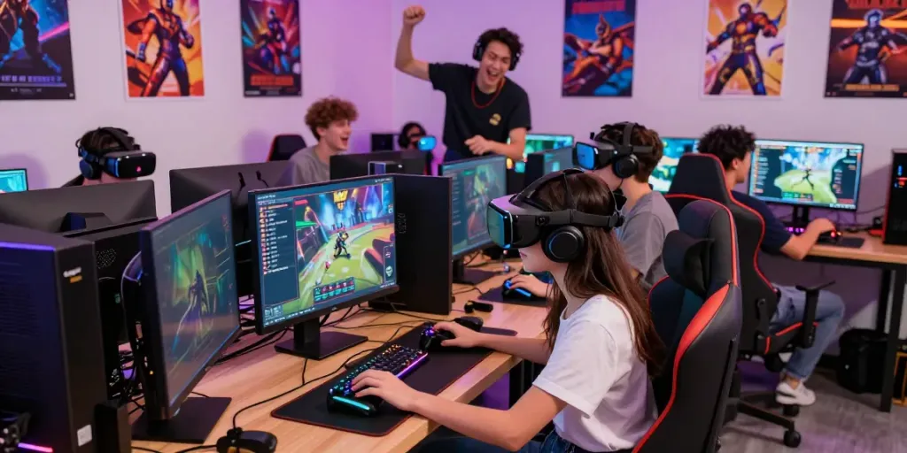 Engaged gamers enjoying a game online in a vibrant gaming lounge filled with energy and excitement.
