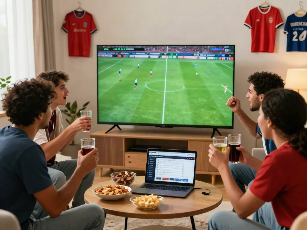 Friends enjoying soccer match while checking WWBOLA odds on laptop.