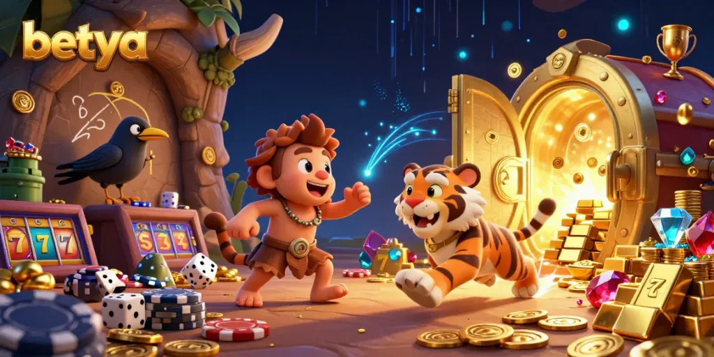 A lively 3D scene of betya casino, featuring a caveman, sabertooth tiger, and crow in a vibrant prehistoric setting, illustrating games and treasure.