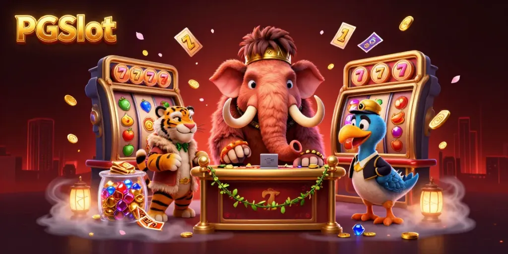 Engaging scene of PGSlot featuring a woolly mammoth bouncer, a saber-tooth tiger VIP, and a dodo bird doorman among slot reels and golden treasures.