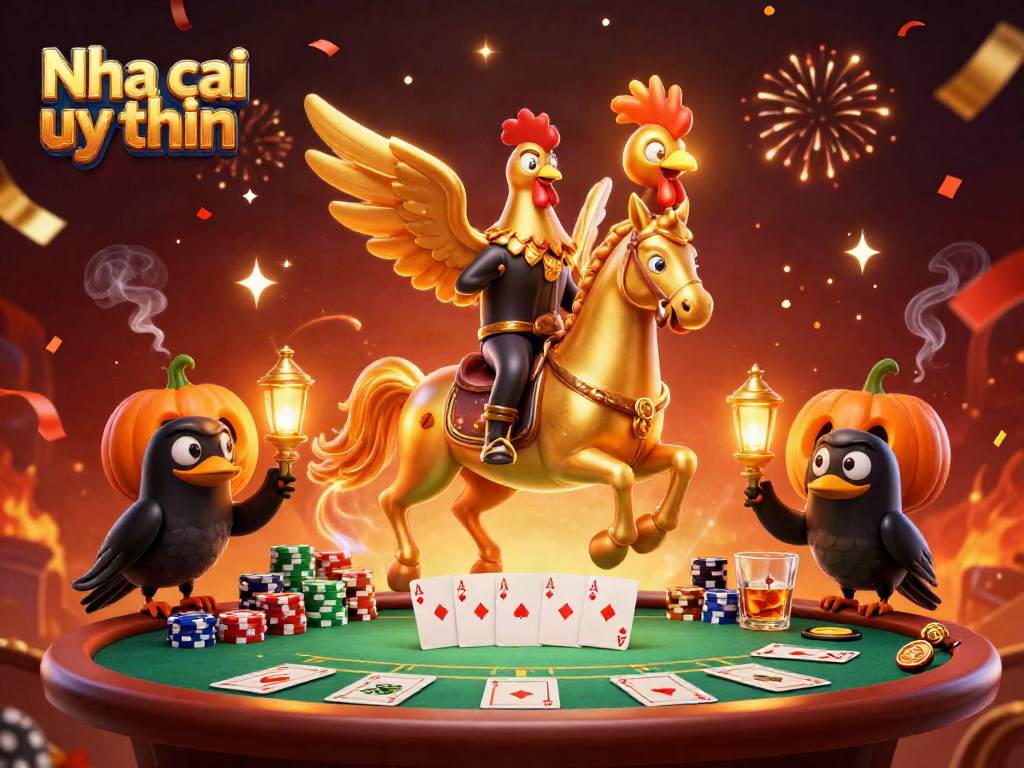 Nha cai uy tin showcases a festive casino scene with a golden rooster riding a spectral horse amid poker elements.