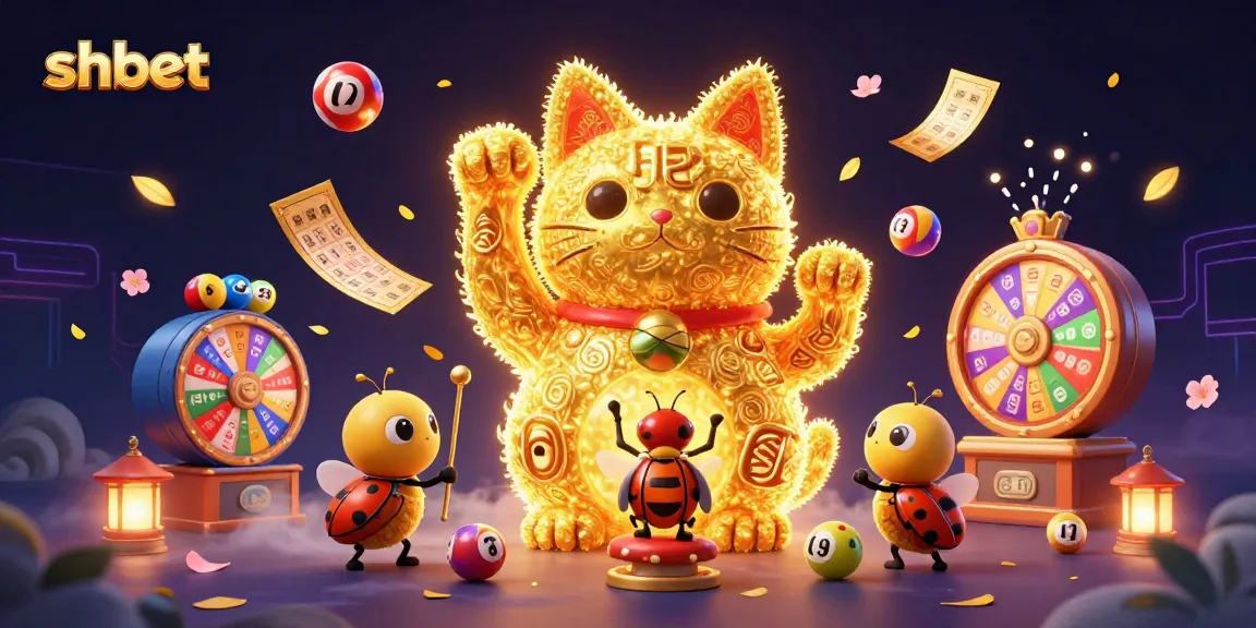 Experience shbet's vibrant lottery atmosphere with a lucky cat and dynamic game symbols.