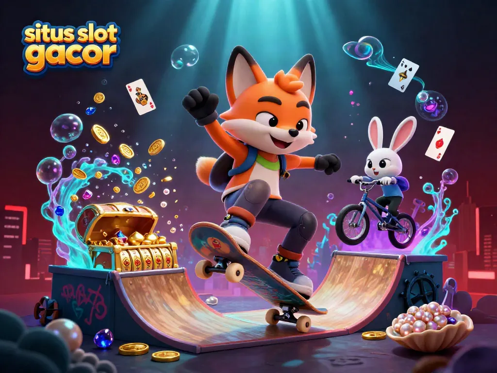 Gambar situs slot gacor dengan karakter kartun bermain slot dan melihat harta karun di bawah air.