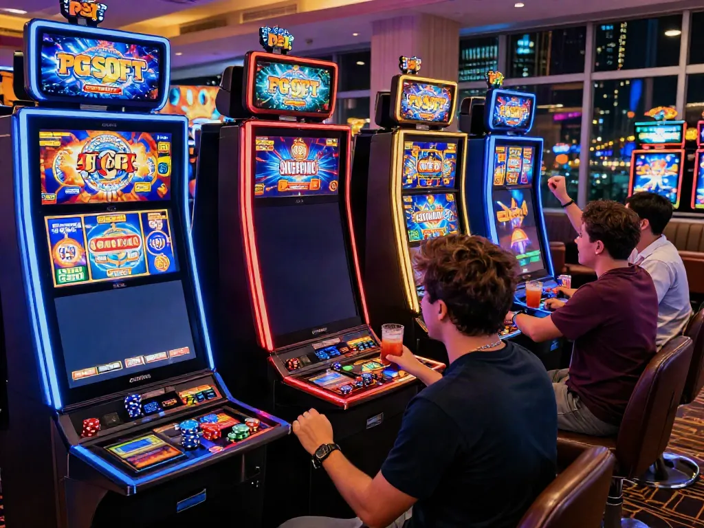 Exciting casino scene with players at PG SOFT slot machines, highlighting the slot server thailand experience.