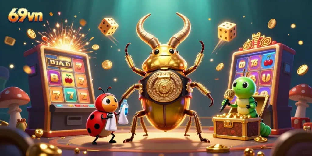 Experience the excitement of 69vn with a vibrant scene depicting a cartoon beetle champion in a jackpot celebration.