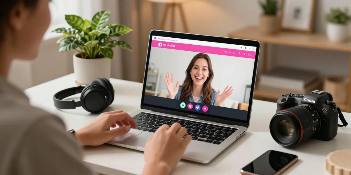 Real-time connection in a pink live chat session on a laptop with warm cozy lighting.