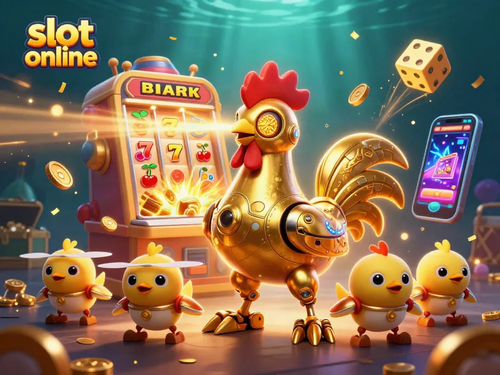 Experience the thrill of slot online with a vibrant 3D illustration featuring dynamic characters and casino elements.