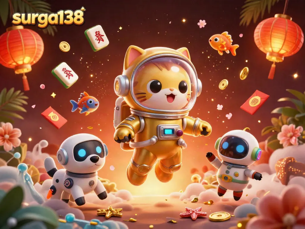 Surga138 menampilkan kucing astronot 3D dengan anjing robot dalam ilustrasi kasino yang kaya dengan elemen permainan.