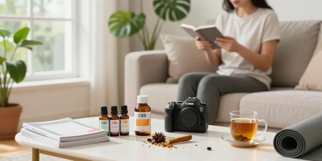 Holistic relaxation scene featuring budget cigarettes and top smokes Australia products alongside CBD oil, promoting natural wellness.
