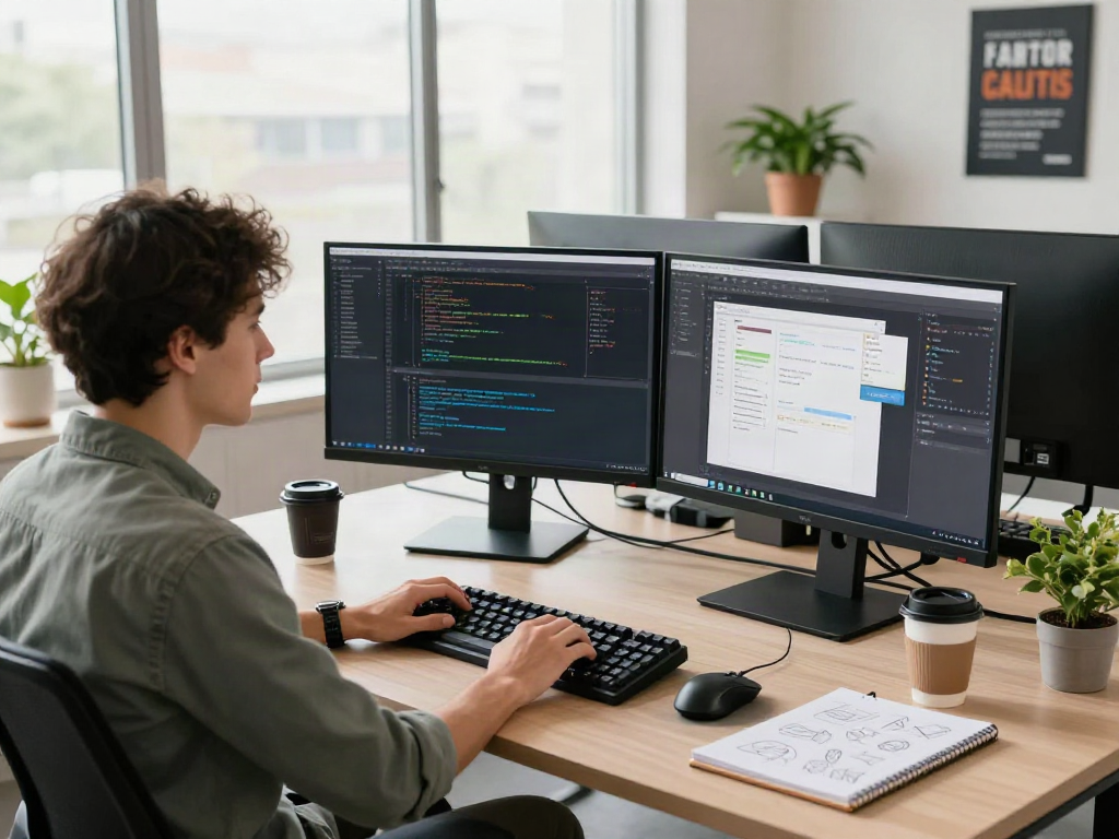 Software engineer coding in a modern workspace with multiple screens and tech gadgets, showcasing pikashow collaboration.