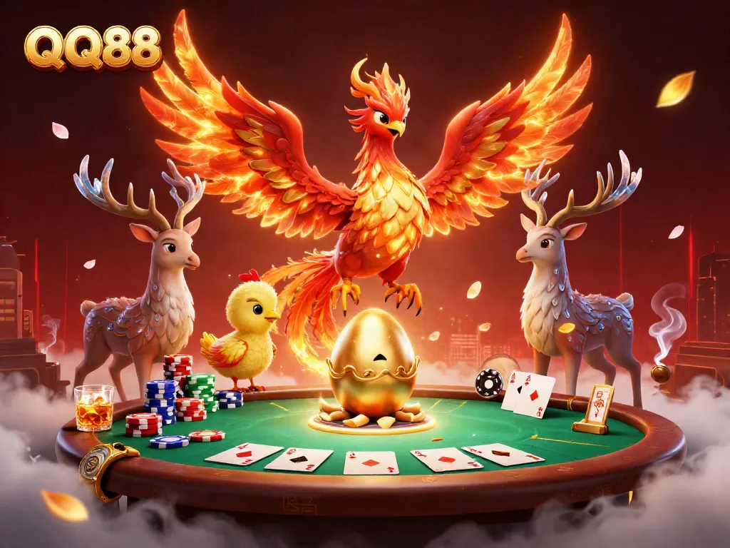 Engage in thrilling gameplay with QQ88 featuring a phoenix and poker elements.